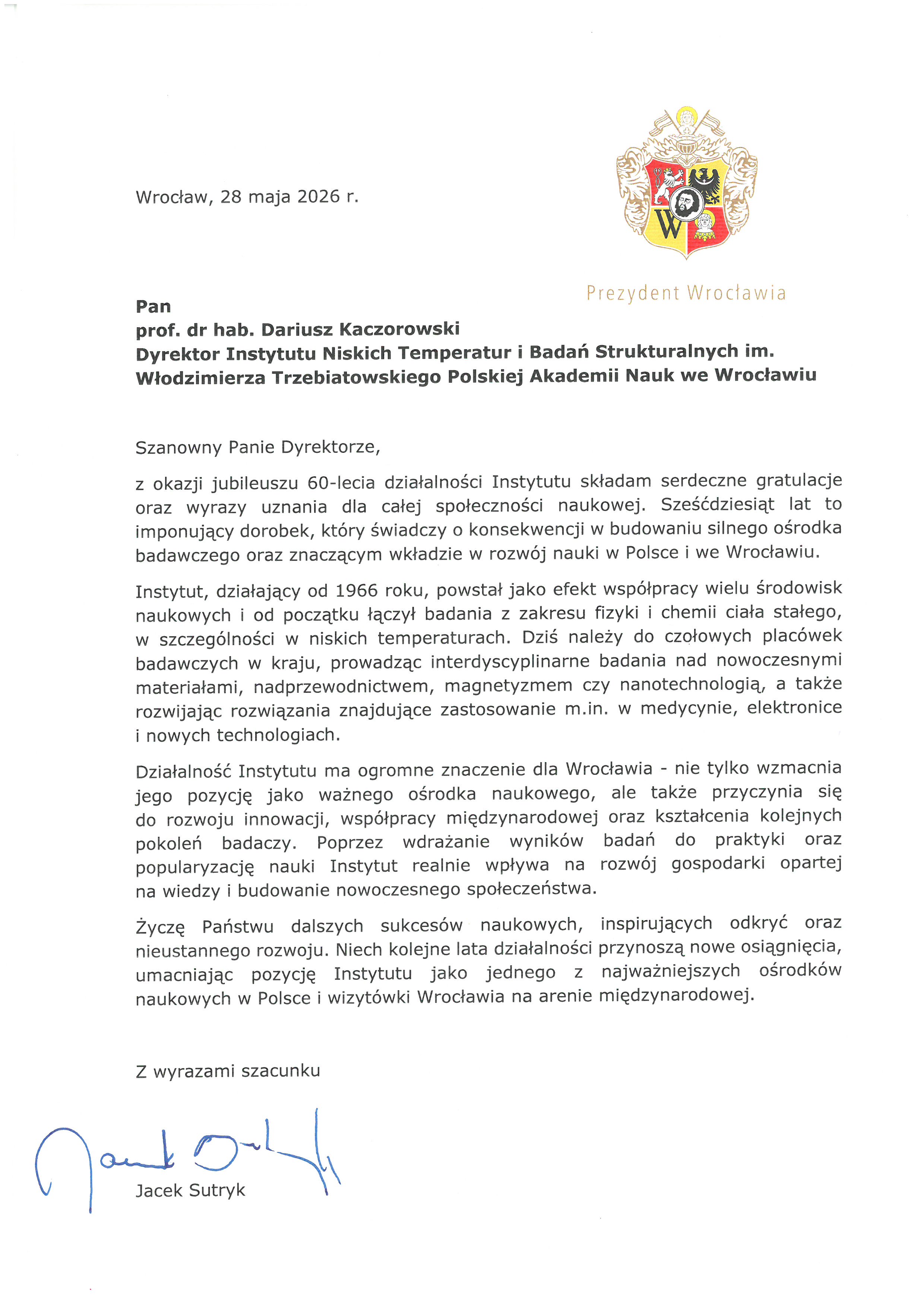 Jacek Sutryk — list gratulacyjny