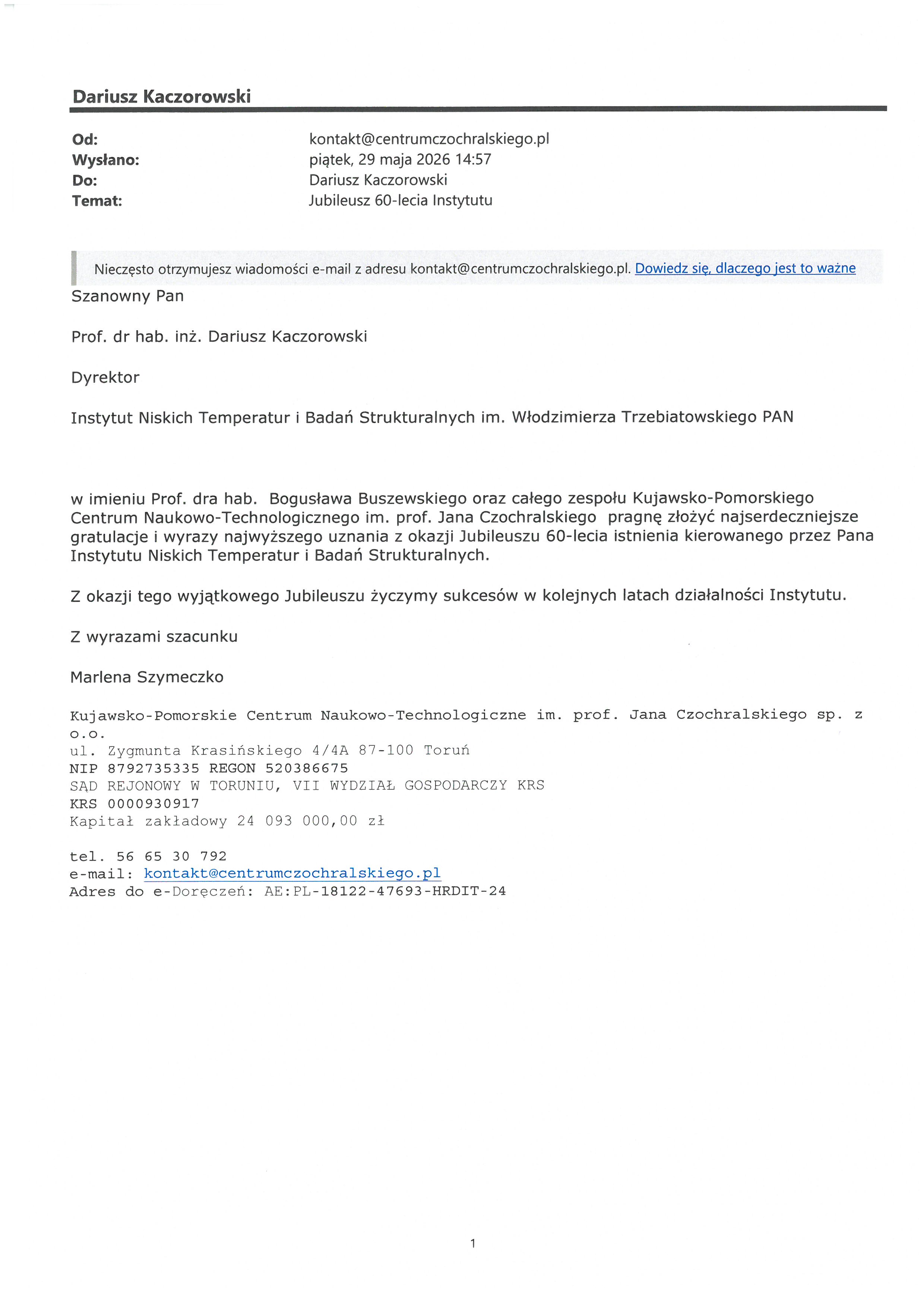 prof. dr hab. Bogusław Buszewski — list gratulacyjny