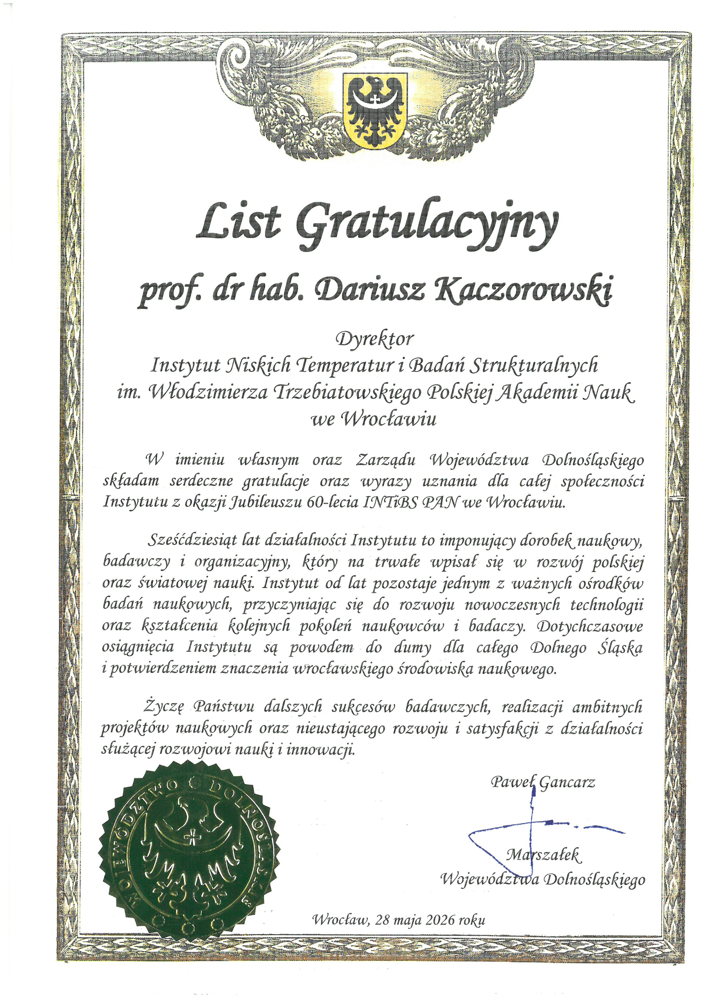 Paweł Gancarz — list gratulacyjny