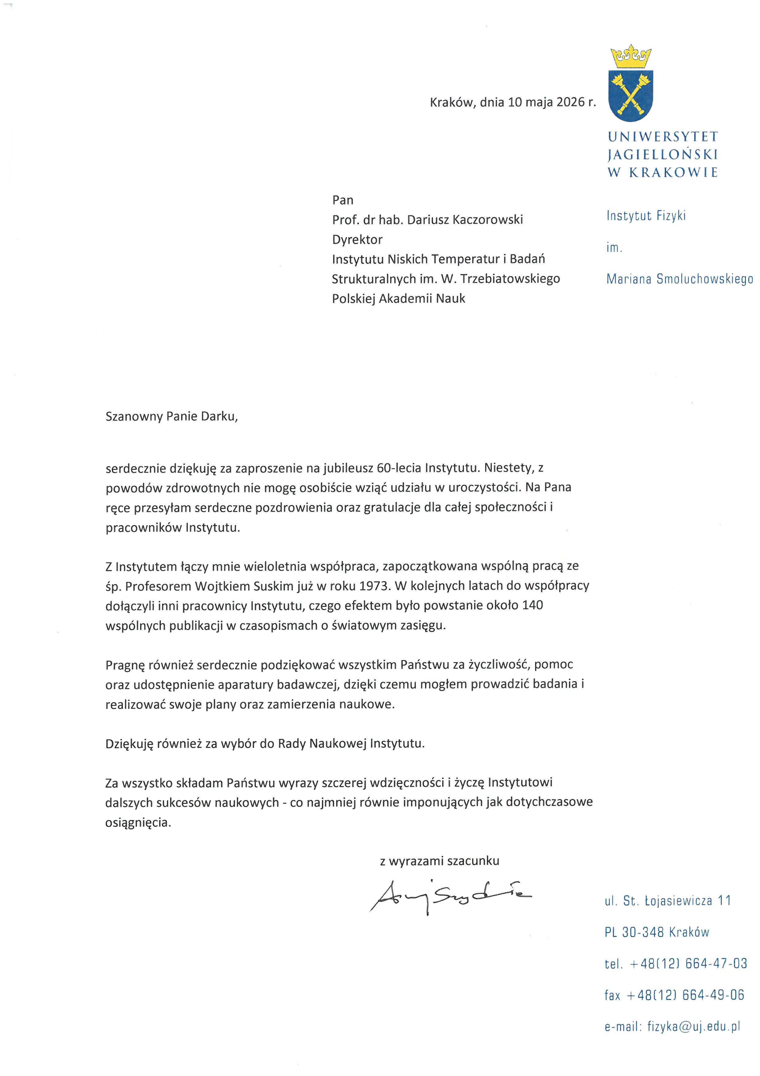 Instytut Fizyki im. Mariana Smoluchowskiego Uniwersytetu Jagiellońskiego — list gratulacyjny