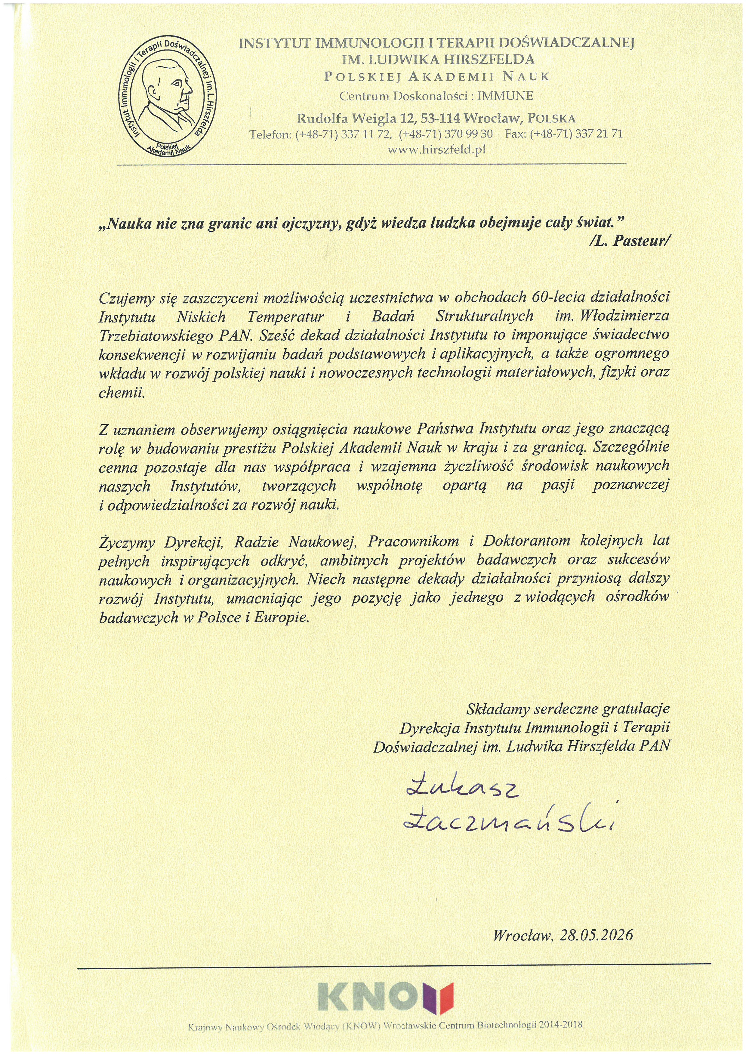 dr Łukasz Laczmański — list gratulacyjny