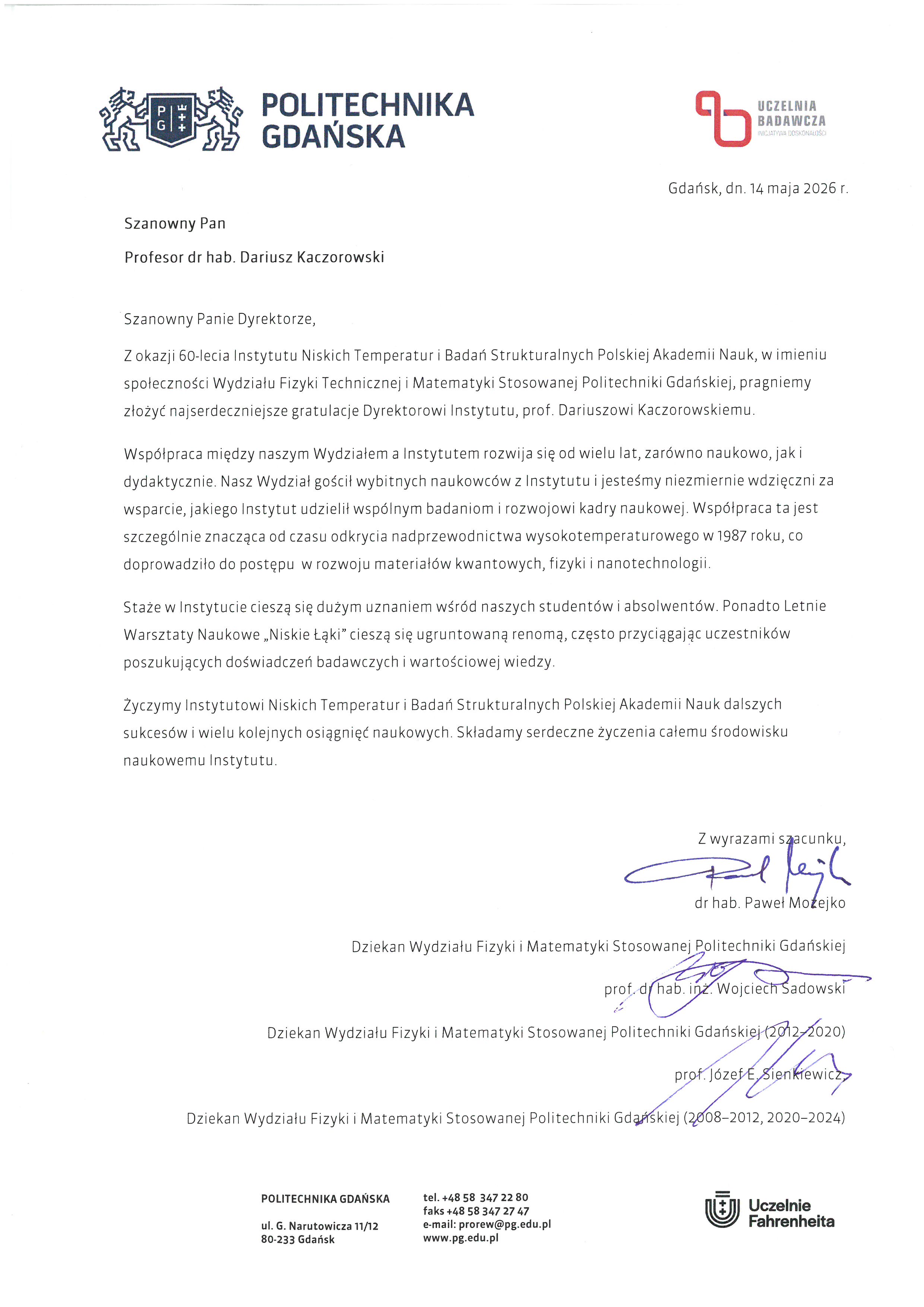 dr hab. Paweł Możejko — list gratulacyjny