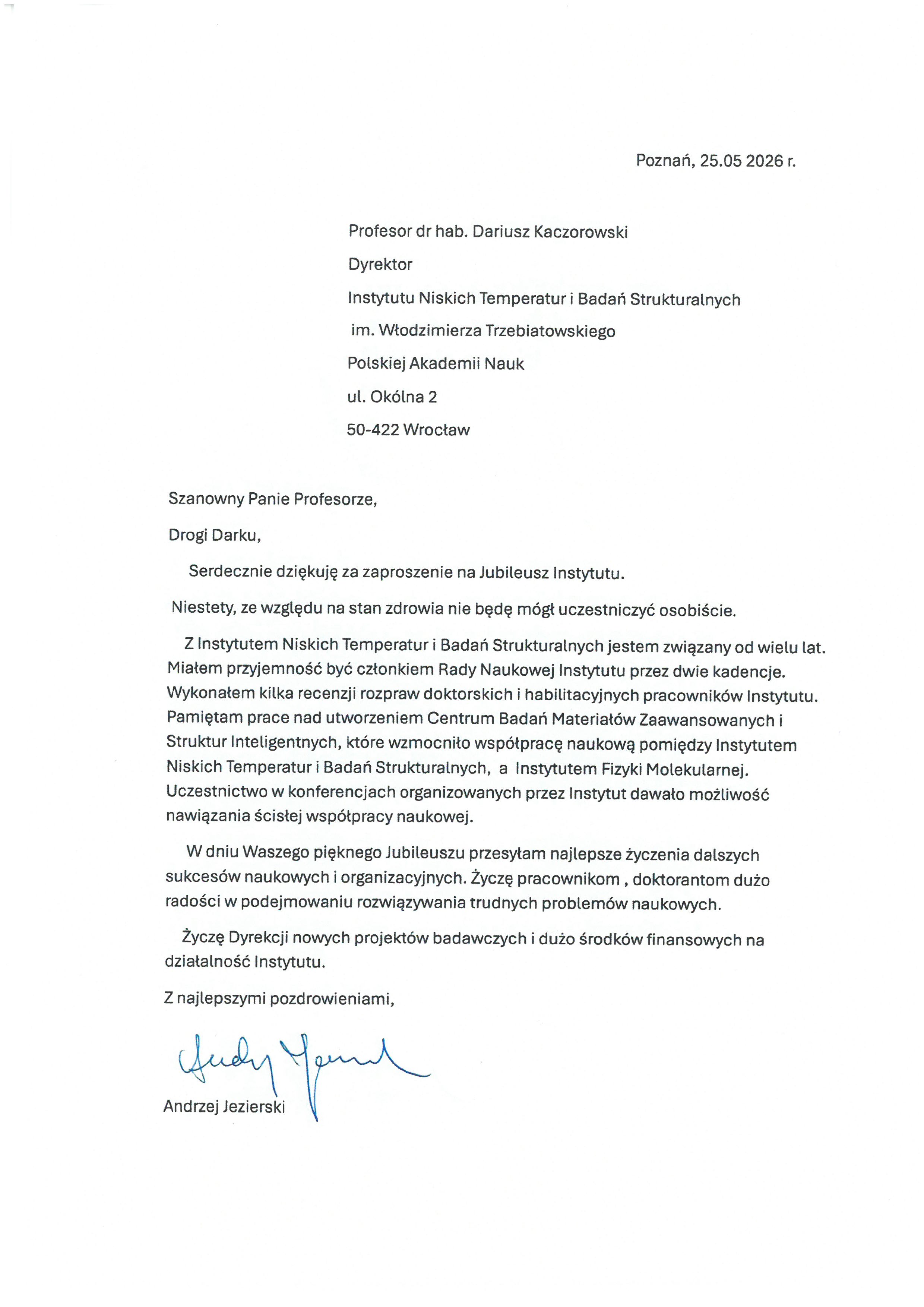 prof. dr hab. Andrzej Jezierski — list gratulacyjny