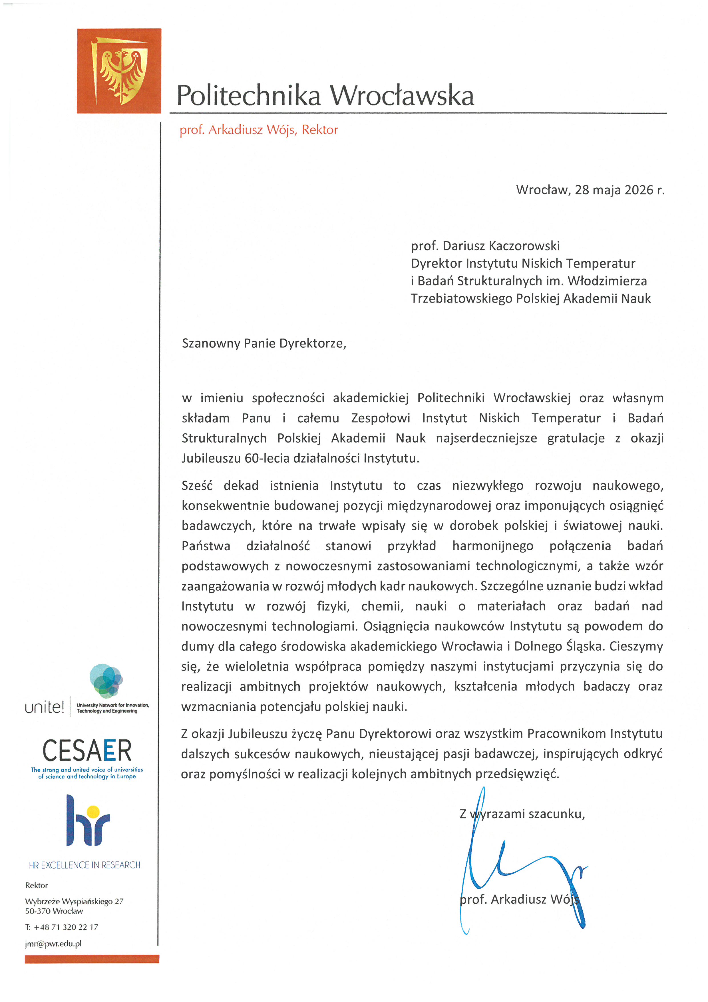 prof. dr hab. Arkadiusz Wójs — list gratulacyjny