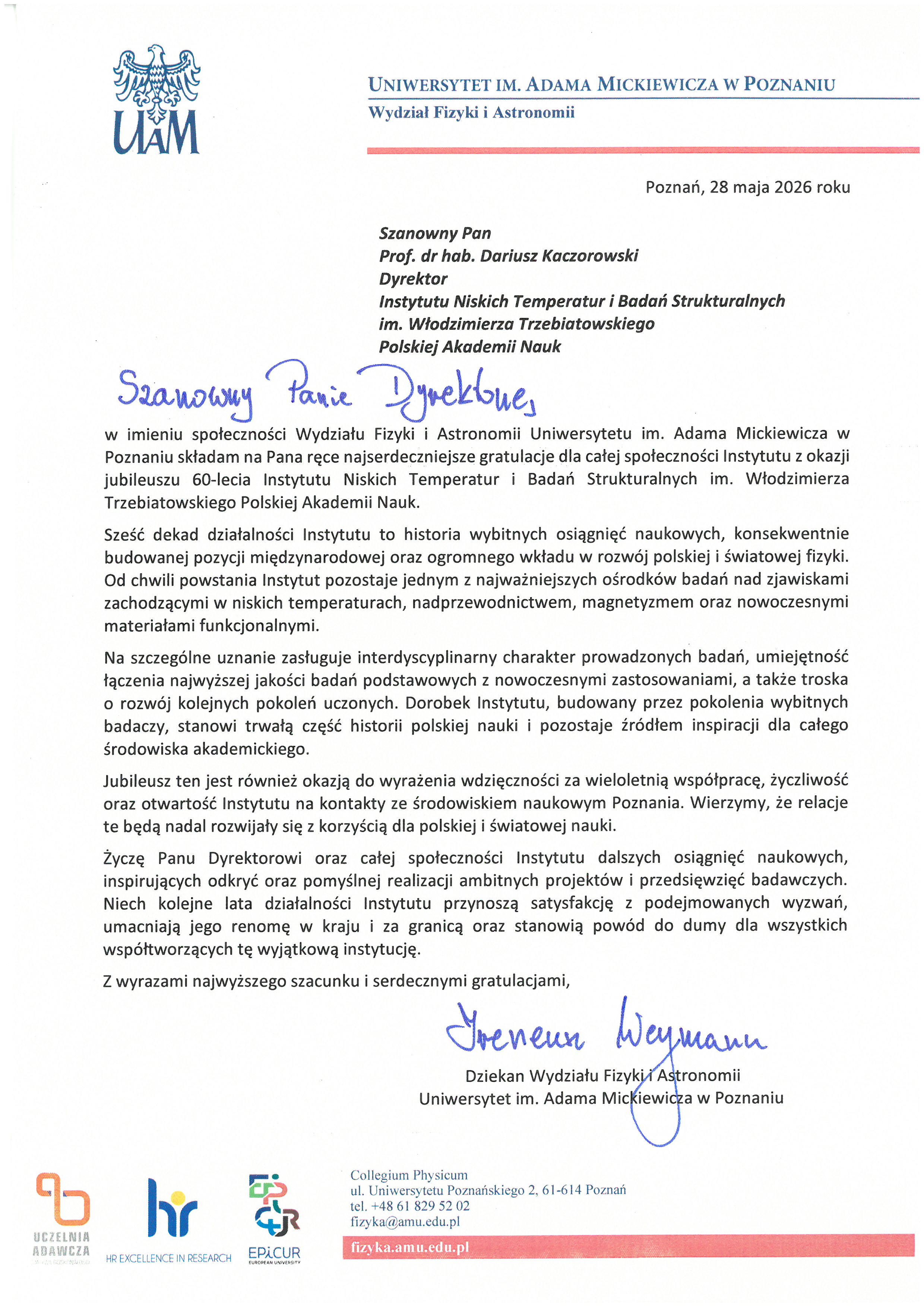 prof. dr hab. Ireneusz Weymann — list gratulacyjny
