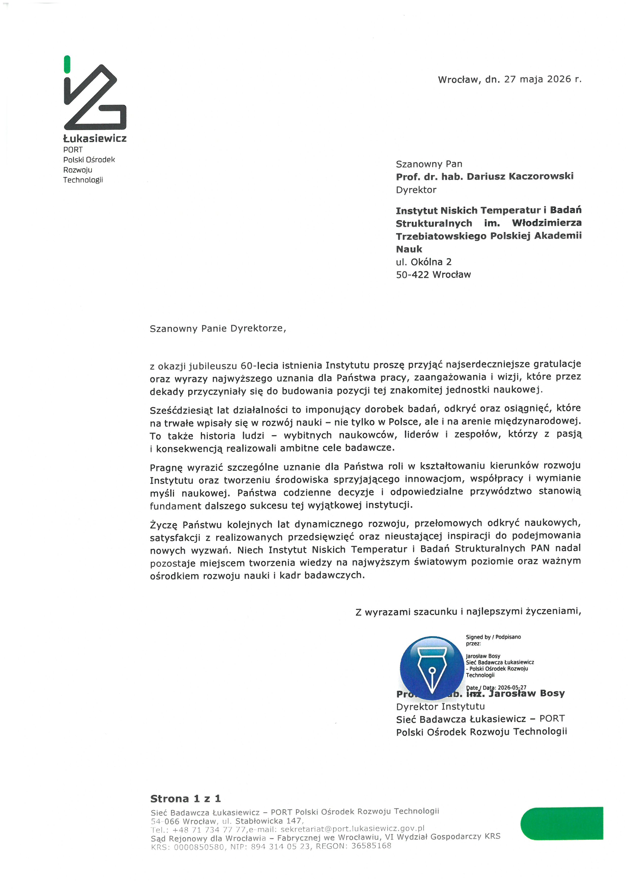 prof. dr hab. inż. Jarosław Bosy — list gratulacyjny
