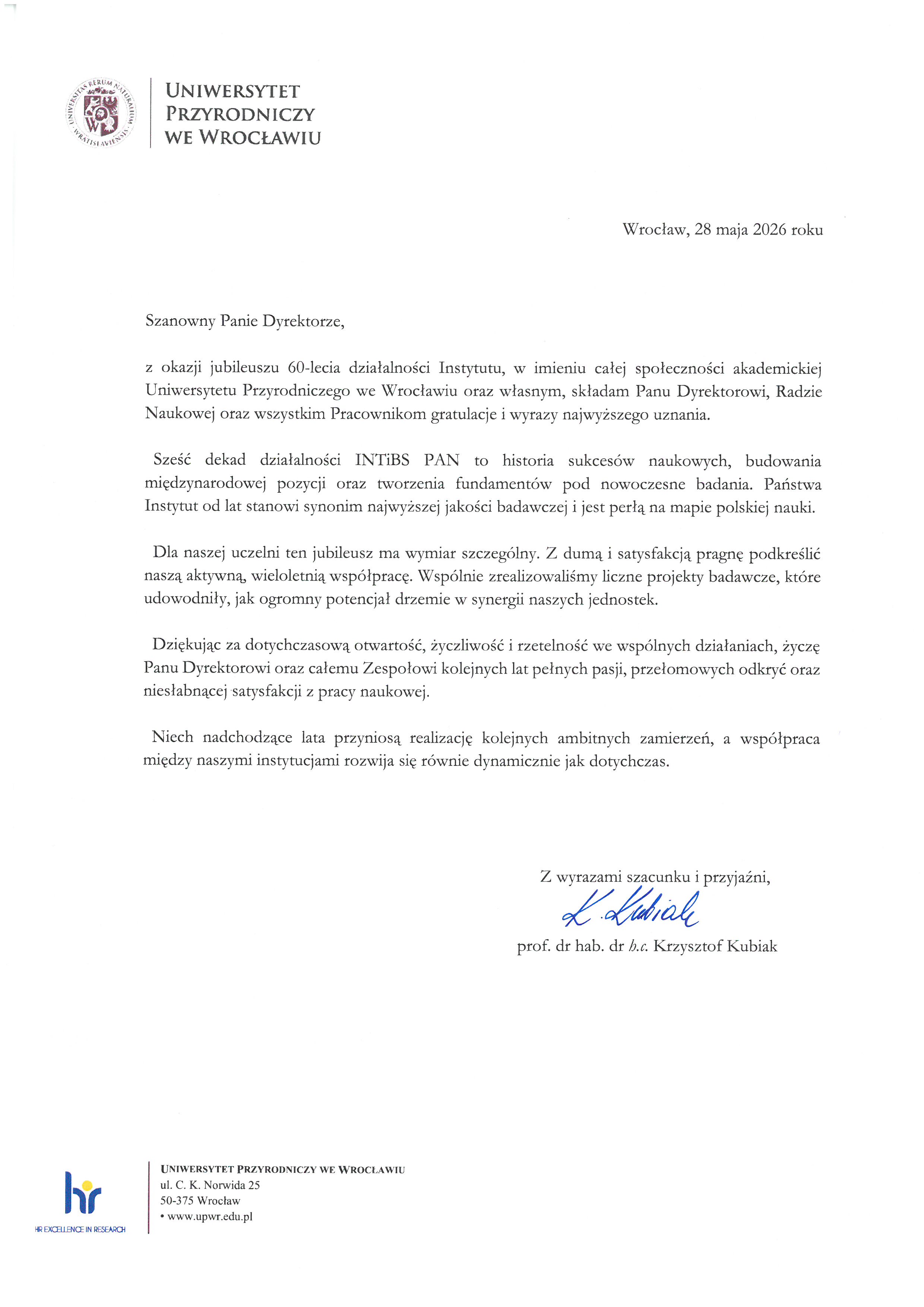 prof. dr hab. dr h.c. Krzysztof Kubiak — list gratulacyjny