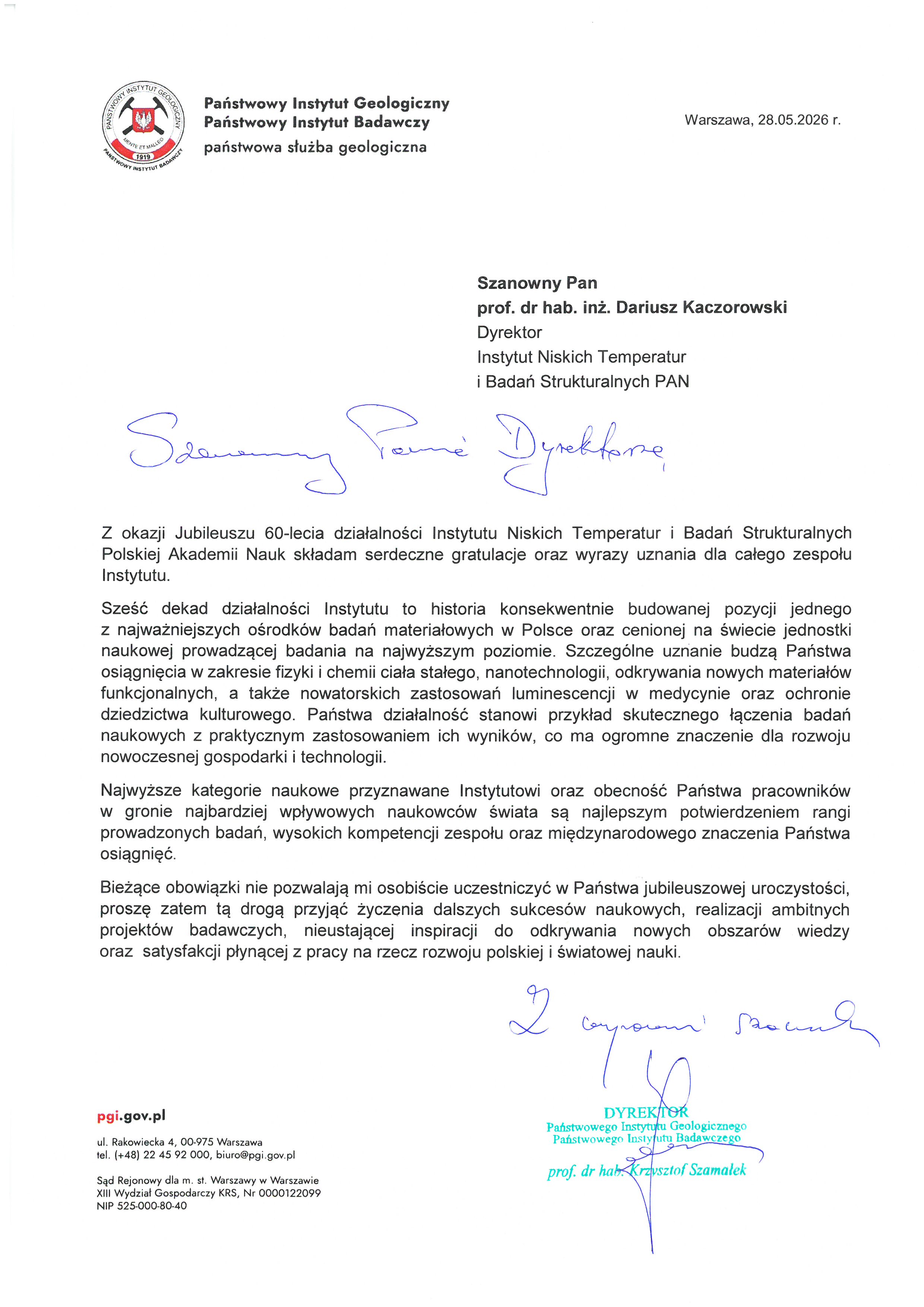 prof. dr hab. Krzysztof Szamałek — list gratulacyjny