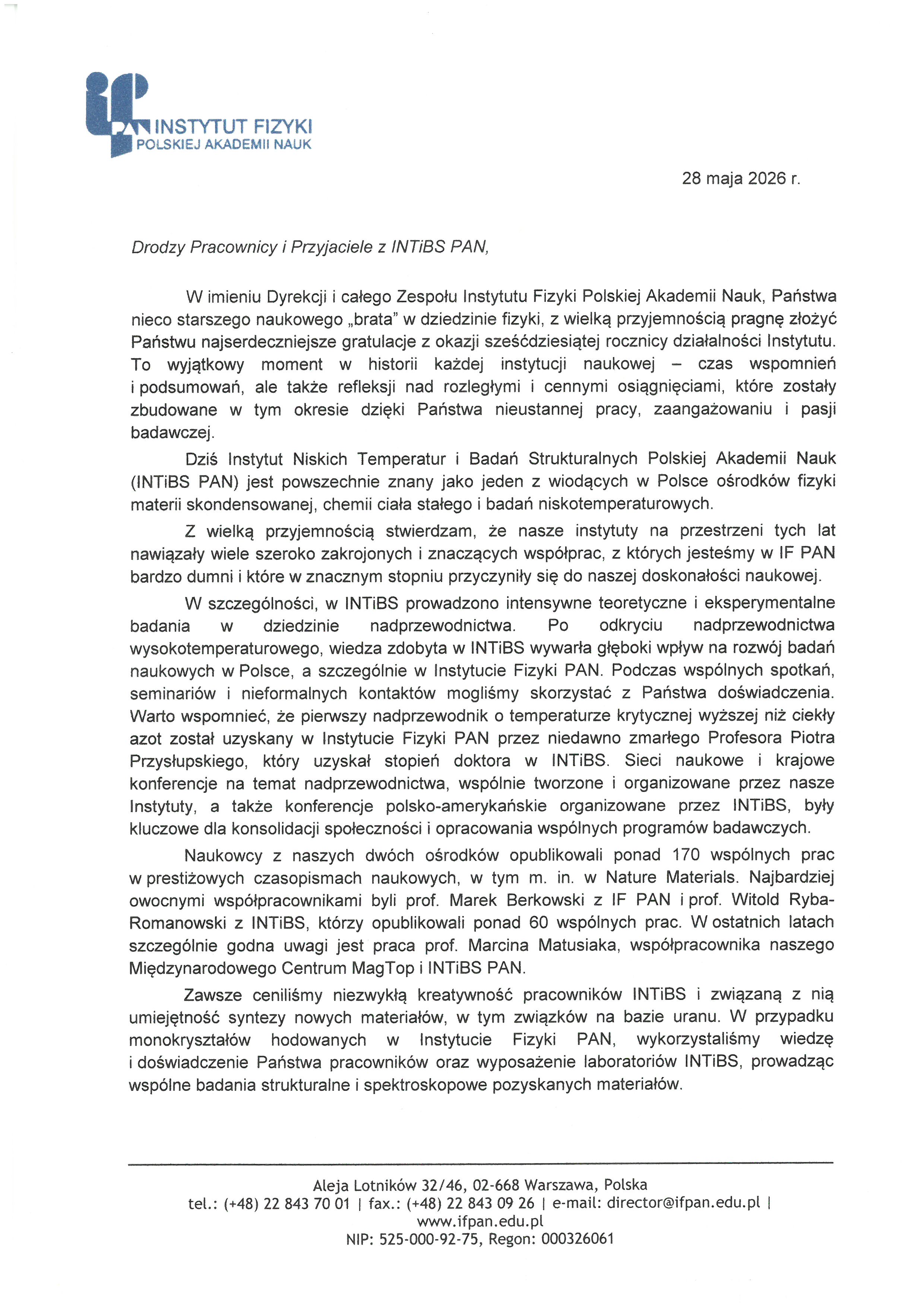 prof. dr hab. Leszek Sirko — list gratulacyjny