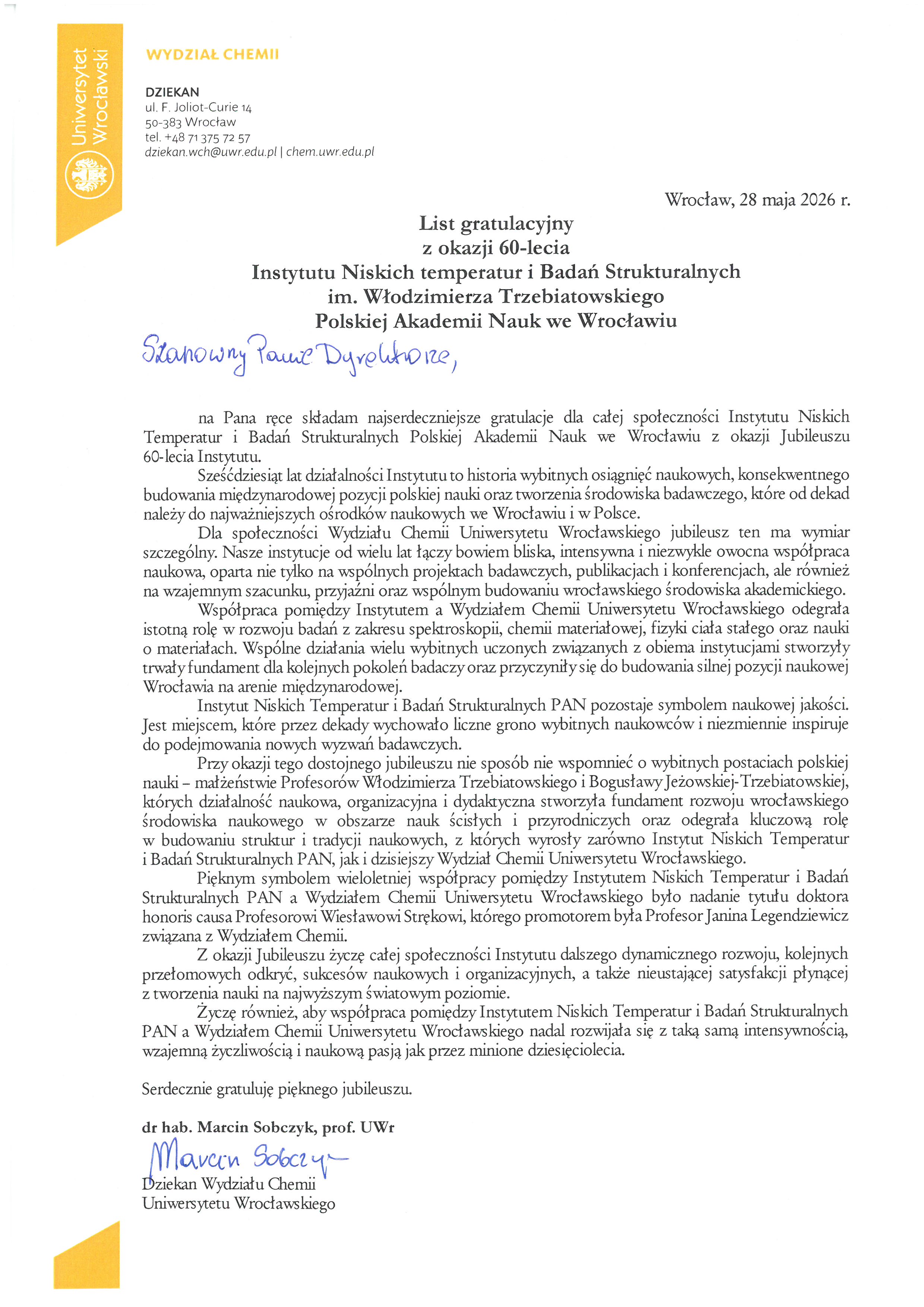dr hab. Marcin Sobczyk, prof. UWr — list gratulacyjny