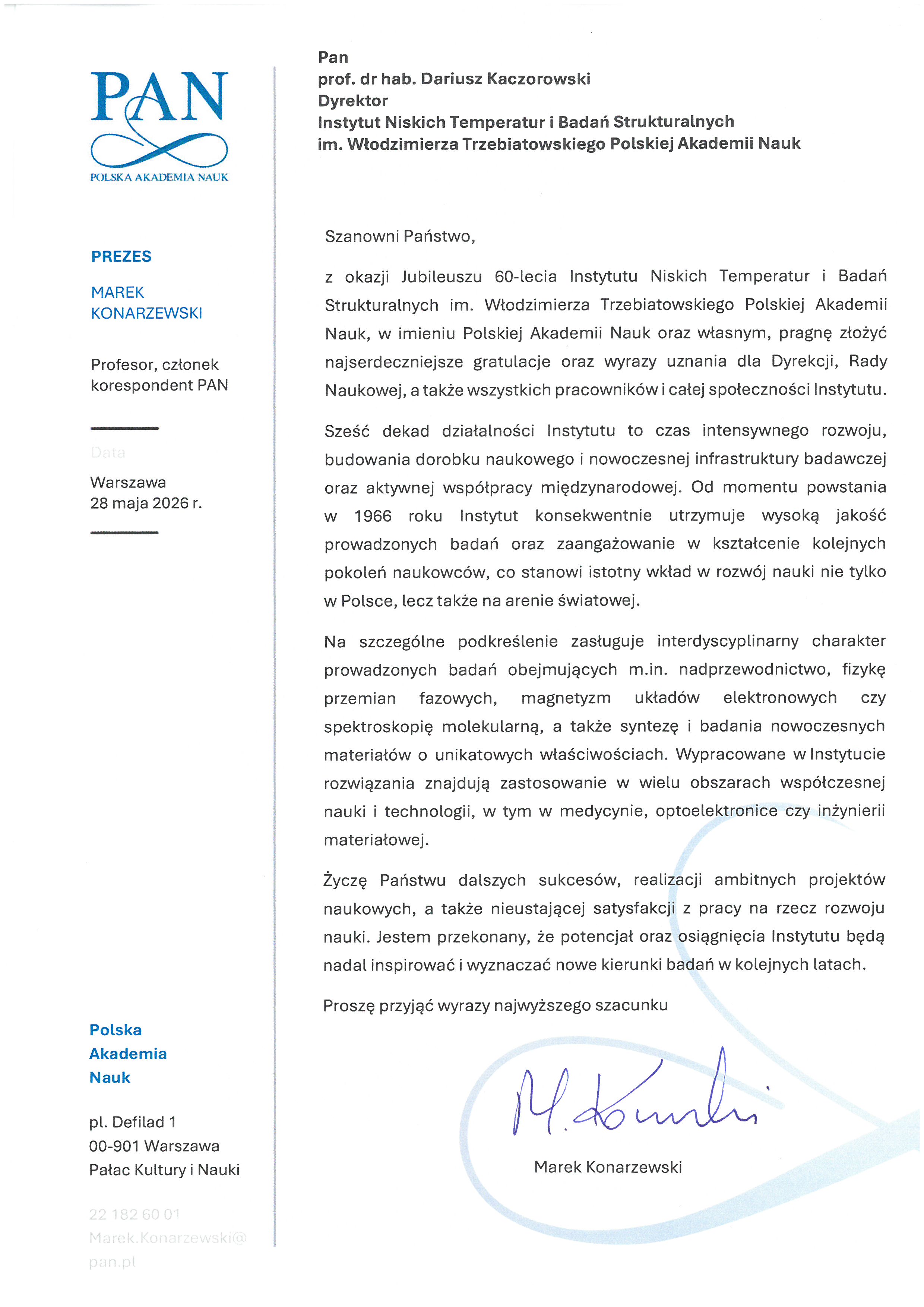 prof. dr hab. Marek Konarzewski — list gratulacyjny