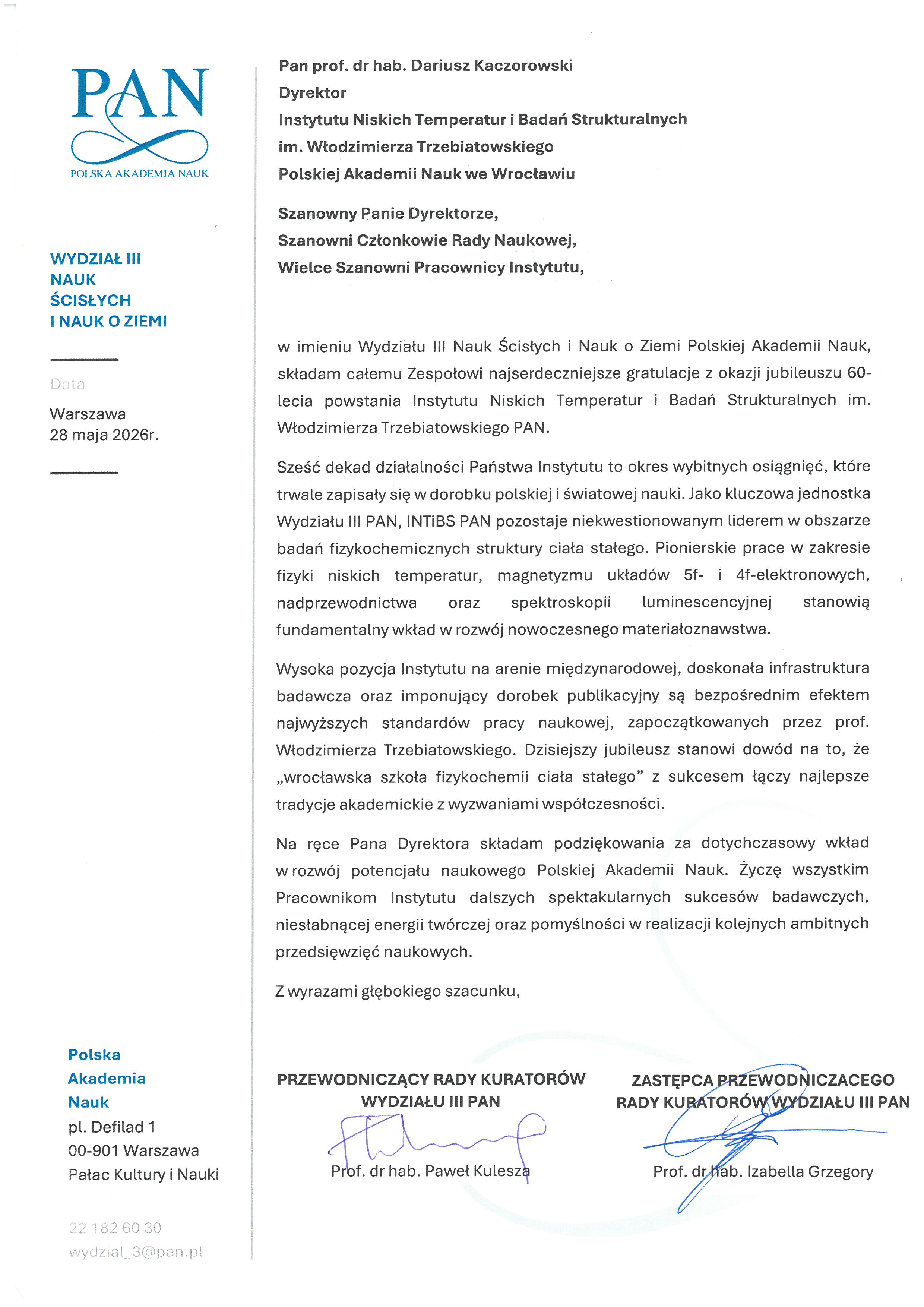 prof. dr hab. Paweł Kulesza i&nbsp;prof. dr hab. Izabella Grzegory — list gratulacyjny