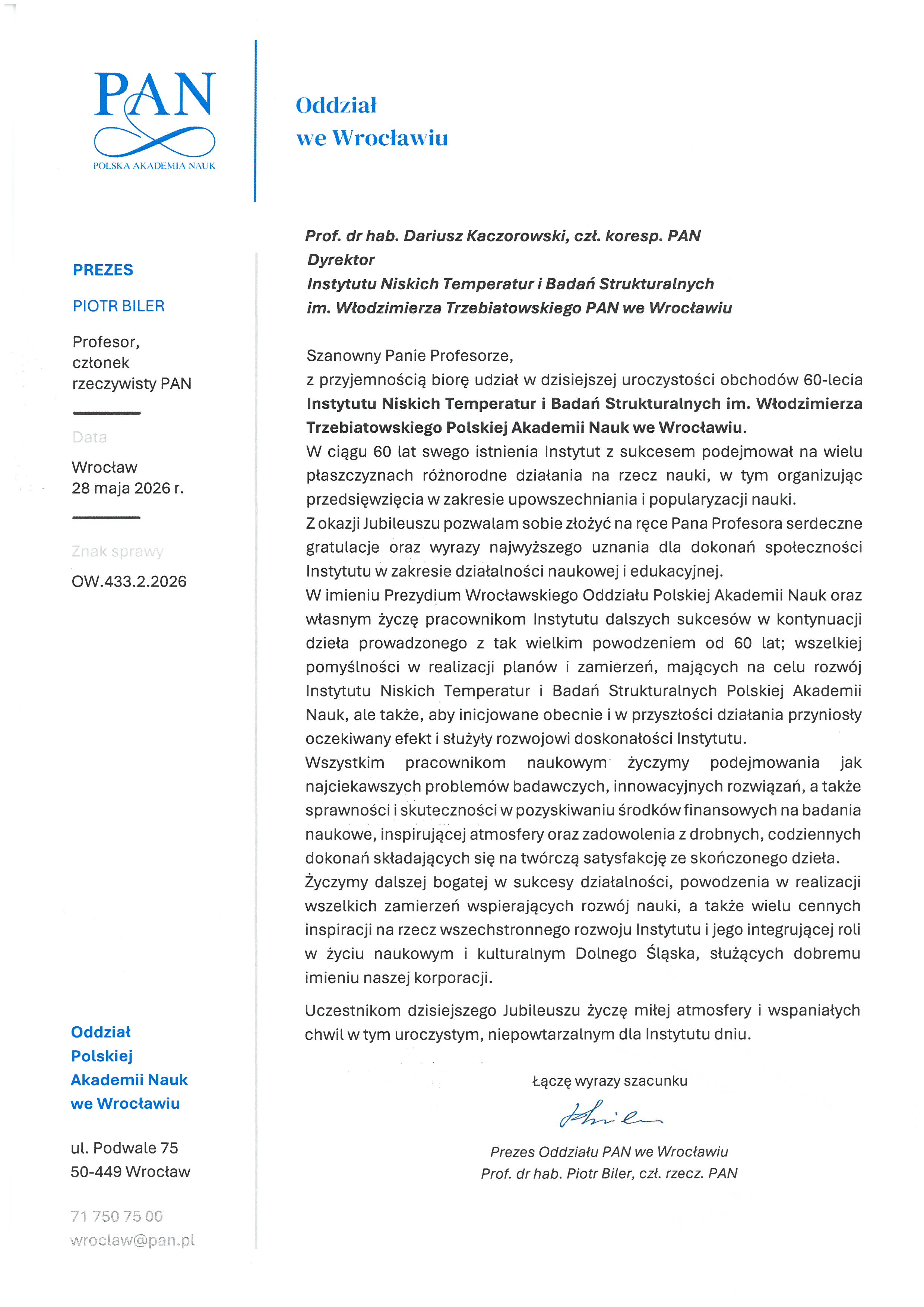 prof. dr hab. Piotr Biler — list gratulacyjny
