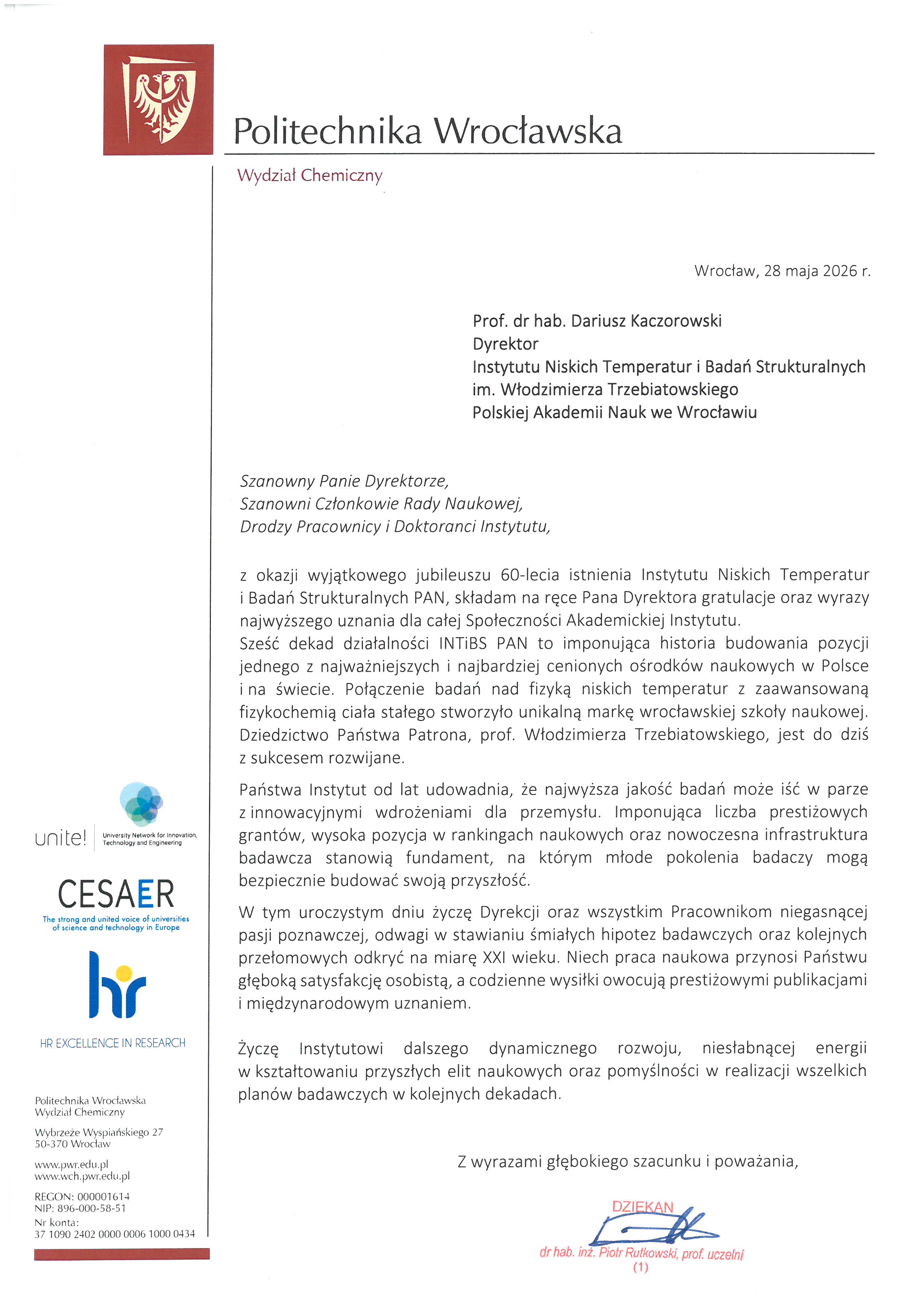 dr hab. inż. Piotr Rutkowski, prof. uczelni — list gratulacyjny