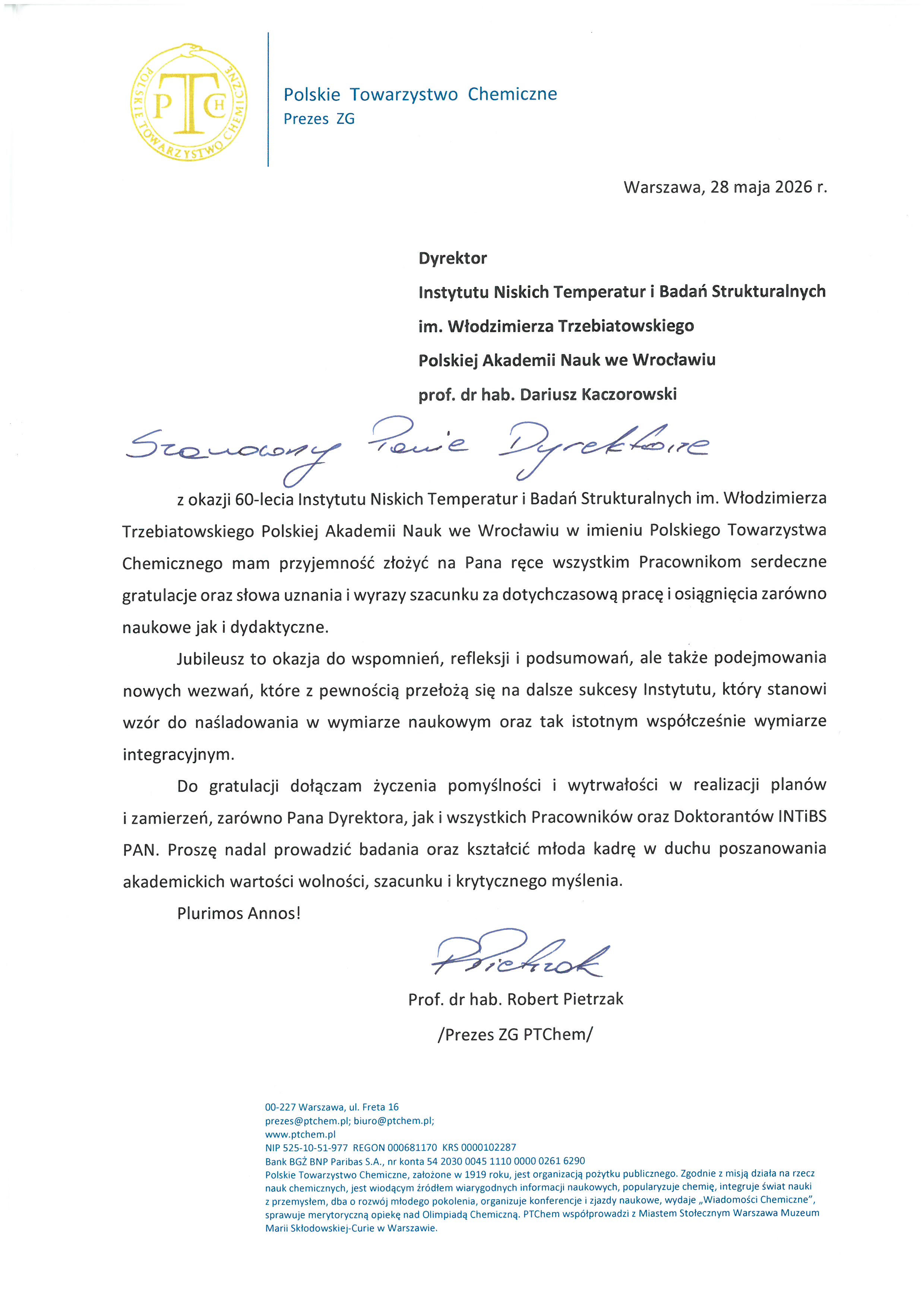 prof. dr hab. Robert Pietrzak — list gratulacyjny