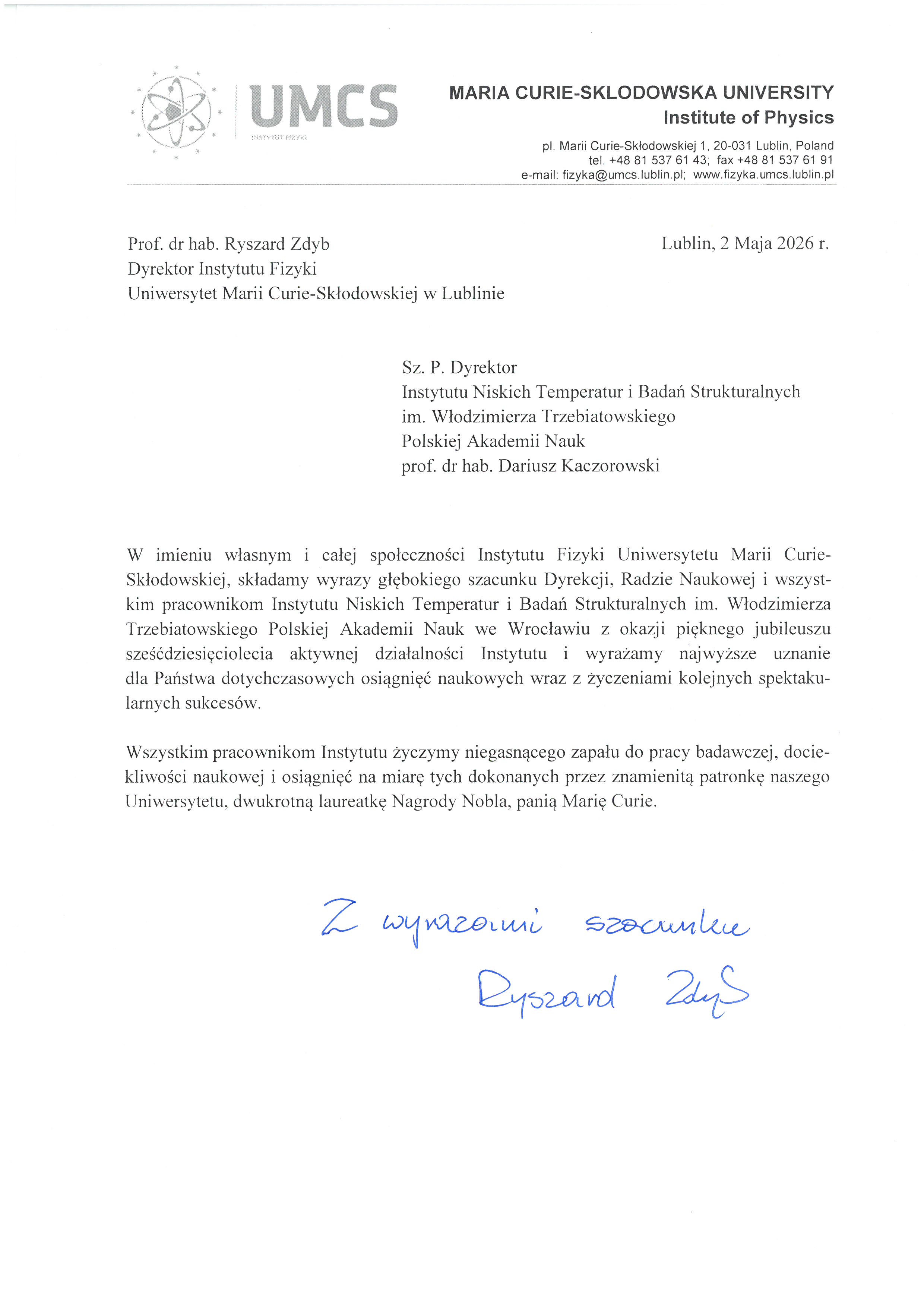 prof. dr hab. Ryszard Zdyb — list gratulacyjny