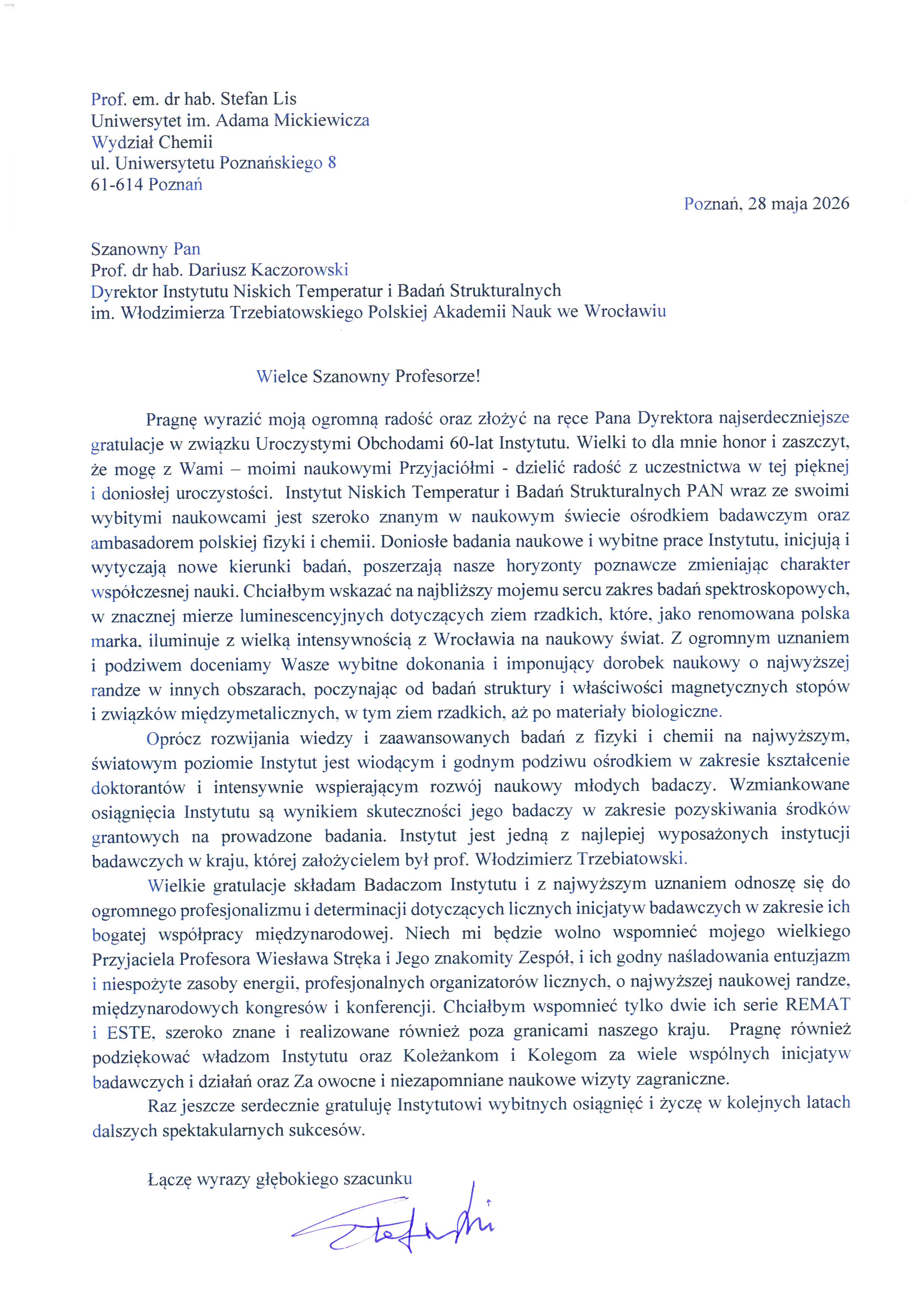 prof. em. dr hab. Stefan Lis — list gratulacyjny