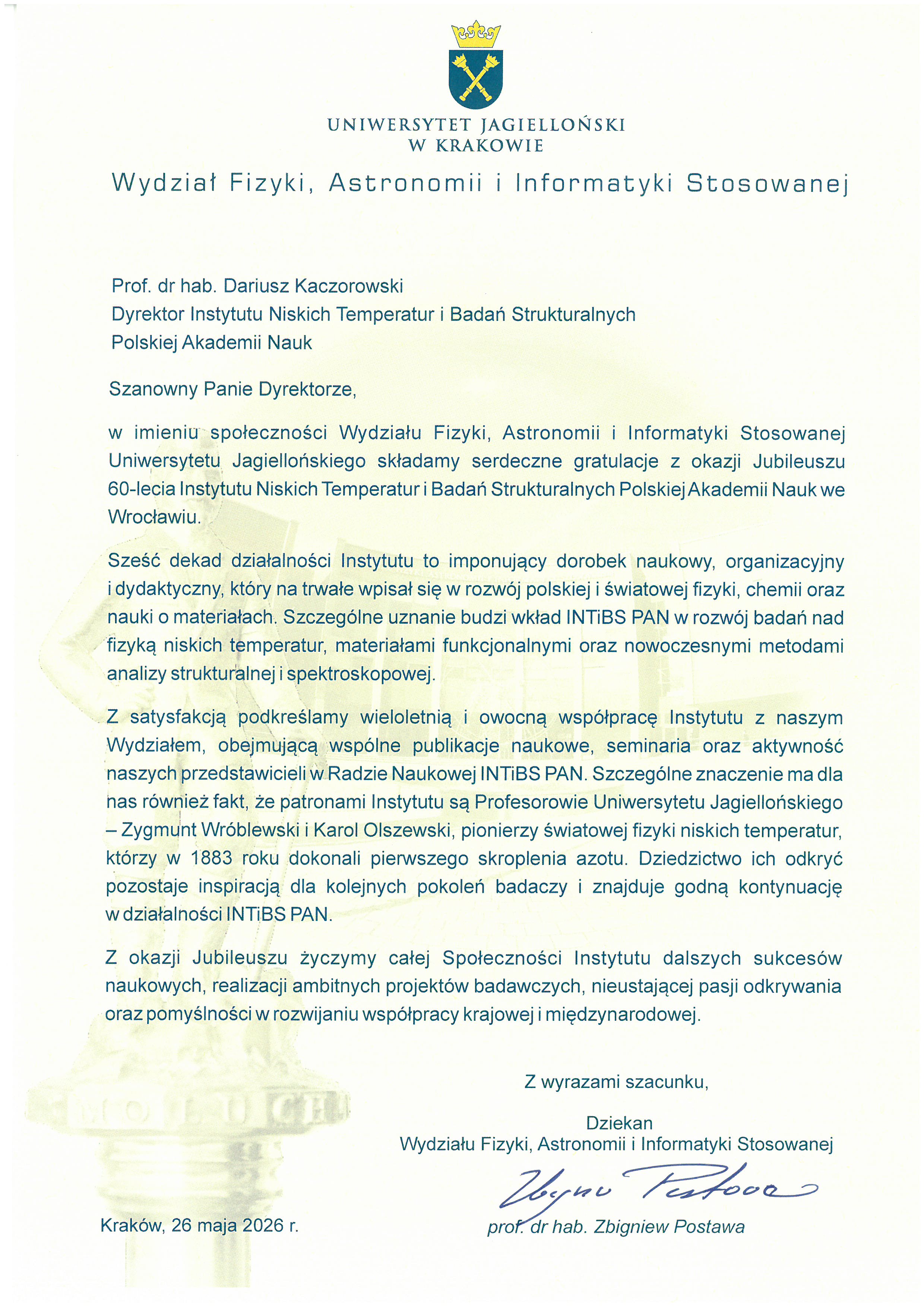 prof. dr hab. Zbigniew Postawa — list gratulacyjny