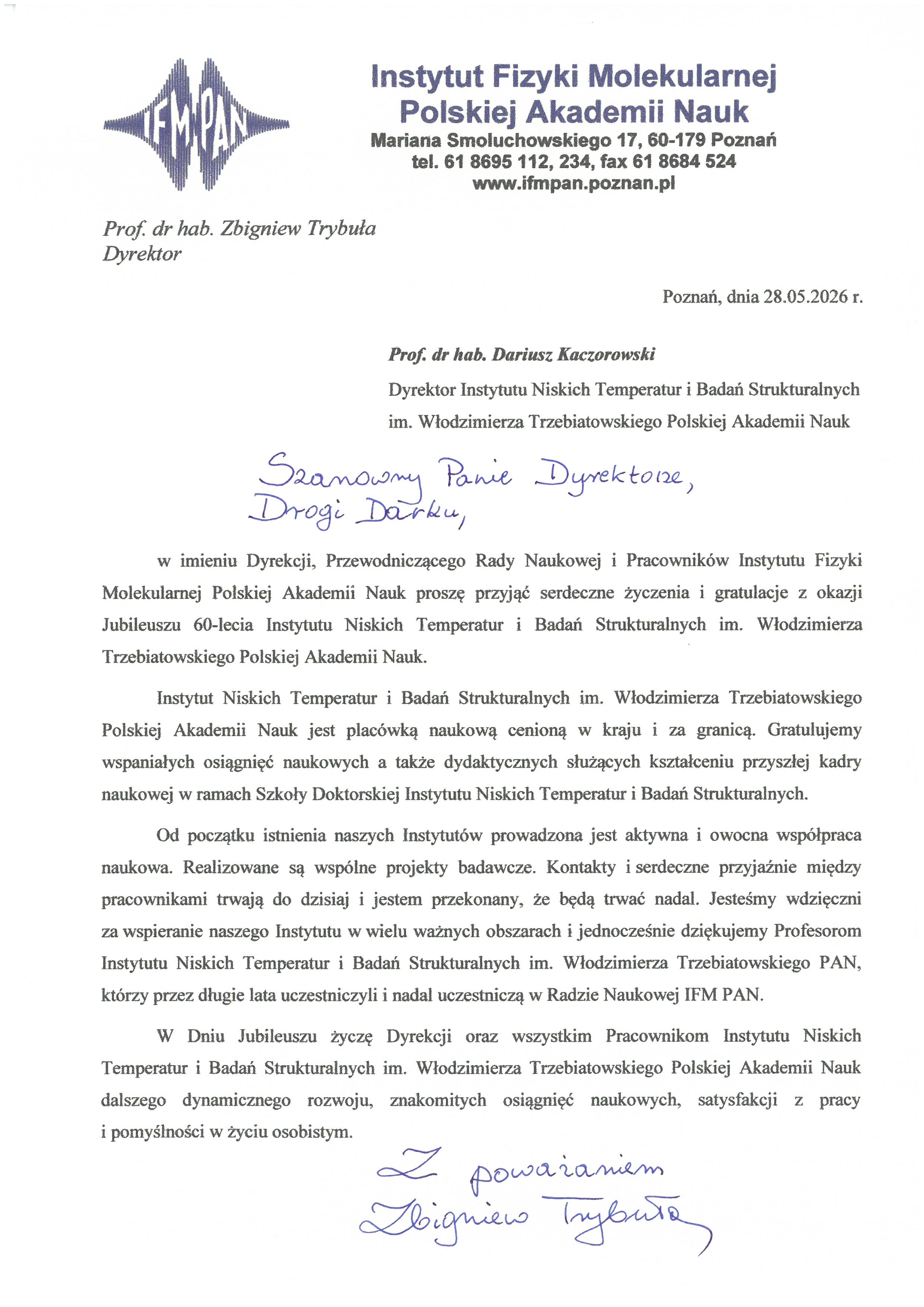 prof. dr hab. Zbigniew Trybuła — list gratulacyjny