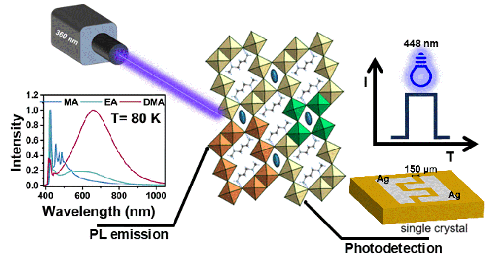 Three-Dimensional Hybrid Perovskitoid Single Crystals Constructed with Di- and Monoammonium Cations for Light- Emission and Photodetection